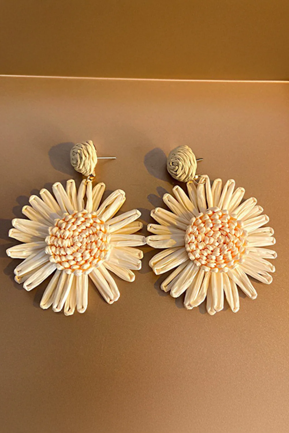 White Boho Raffia Crochet Sunflower Dangle Earrings