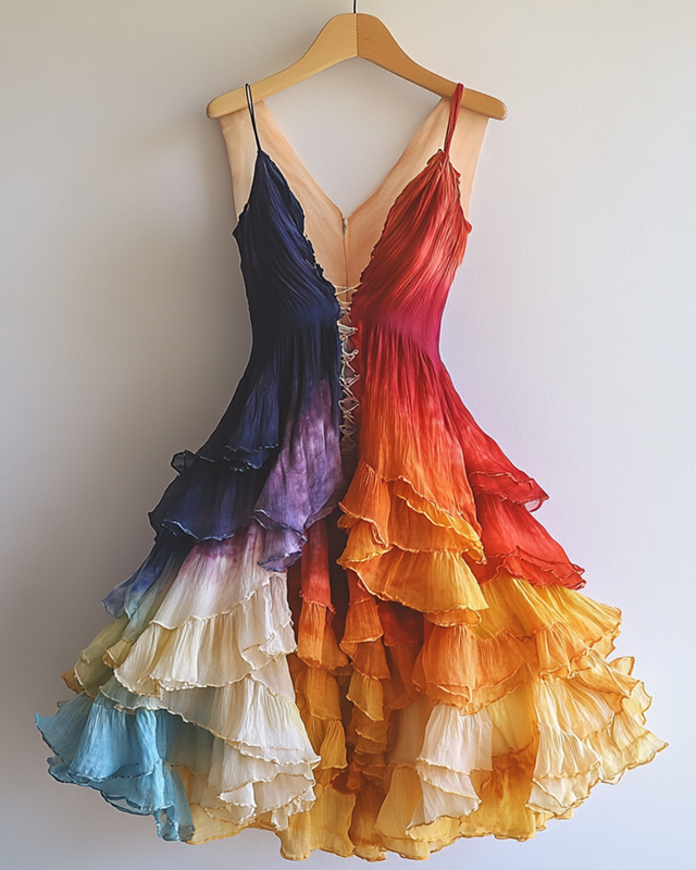 Summer Rainbow Chiffon Irregular Ruffle Dress  5876