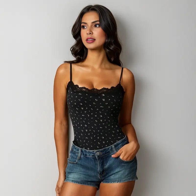 KatchMe Lace Series Women's Simple Style Spaghetti Strap Lace Trim Breathable Bodysuit