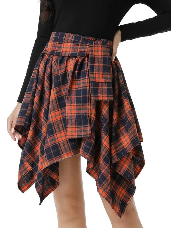 Women's Fashion Plaid Print Asymmetrical Hem High Waisted Skirt