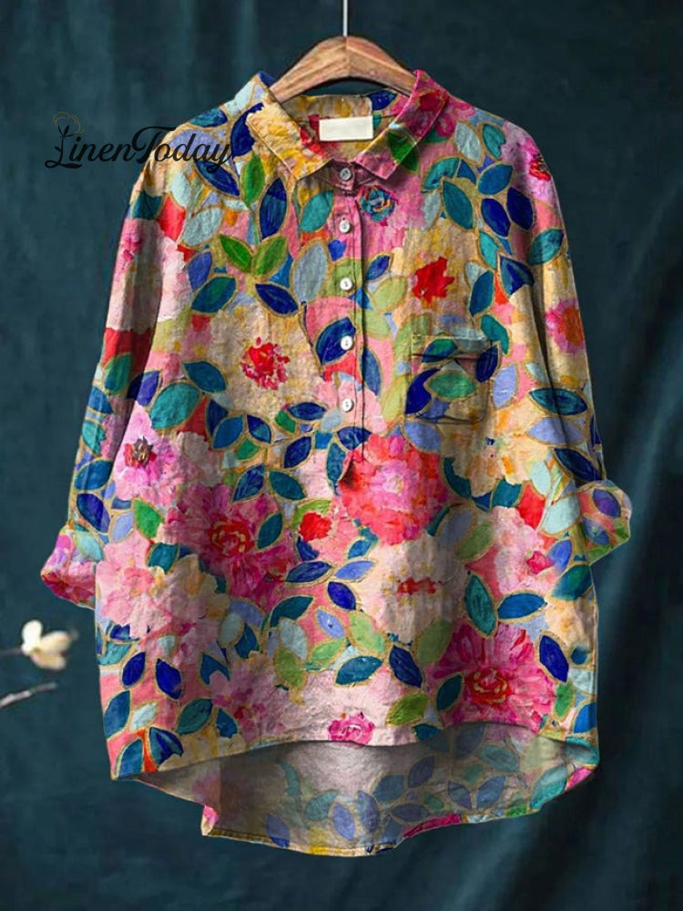 Women's Flower Print Casual Cotton And Linen Shirt