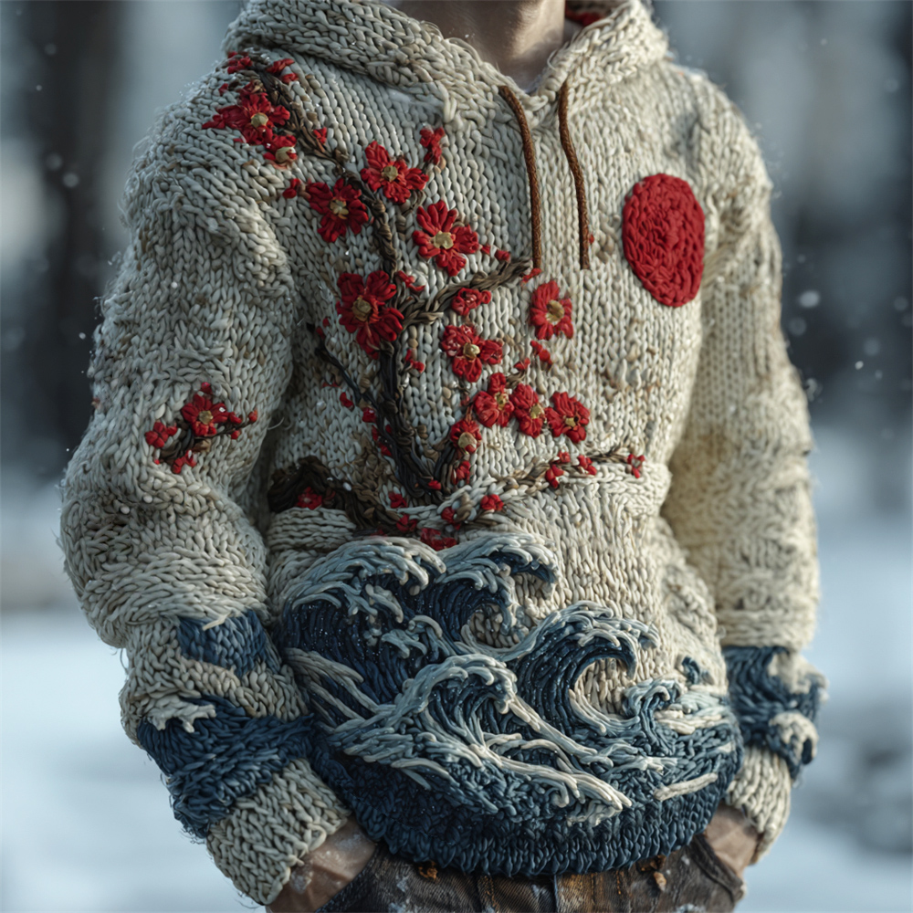 Vintage Japanese Plum & Red Sun Men's Knit Hooded Sweater