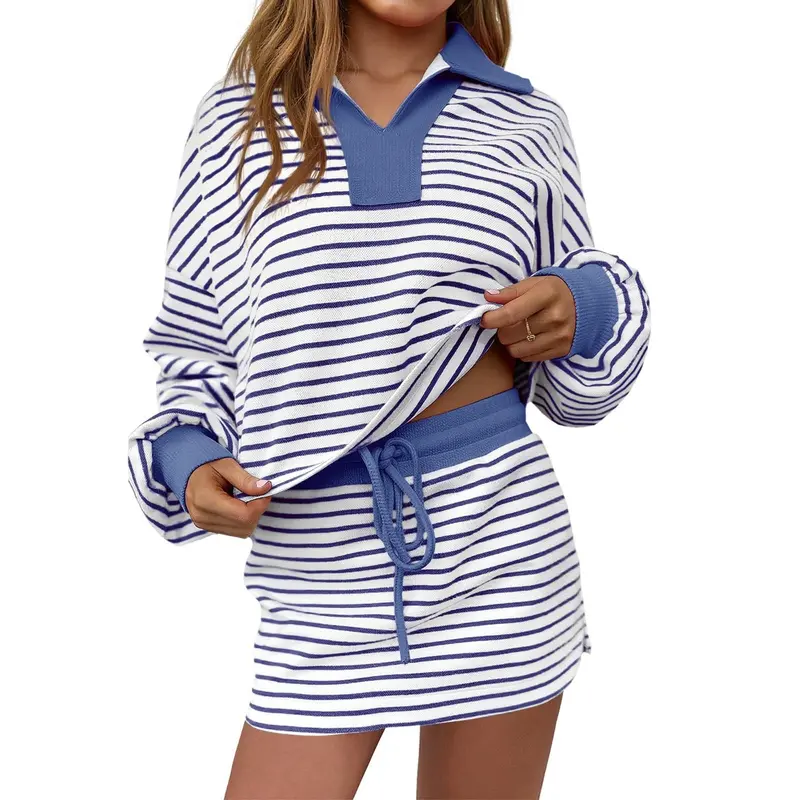 Striped 2 Piece Outfits Casual Sweatshirt Skirt Set Long Sleeve Skort Workout Set Matching Lounge Sets Women's Matching Sets