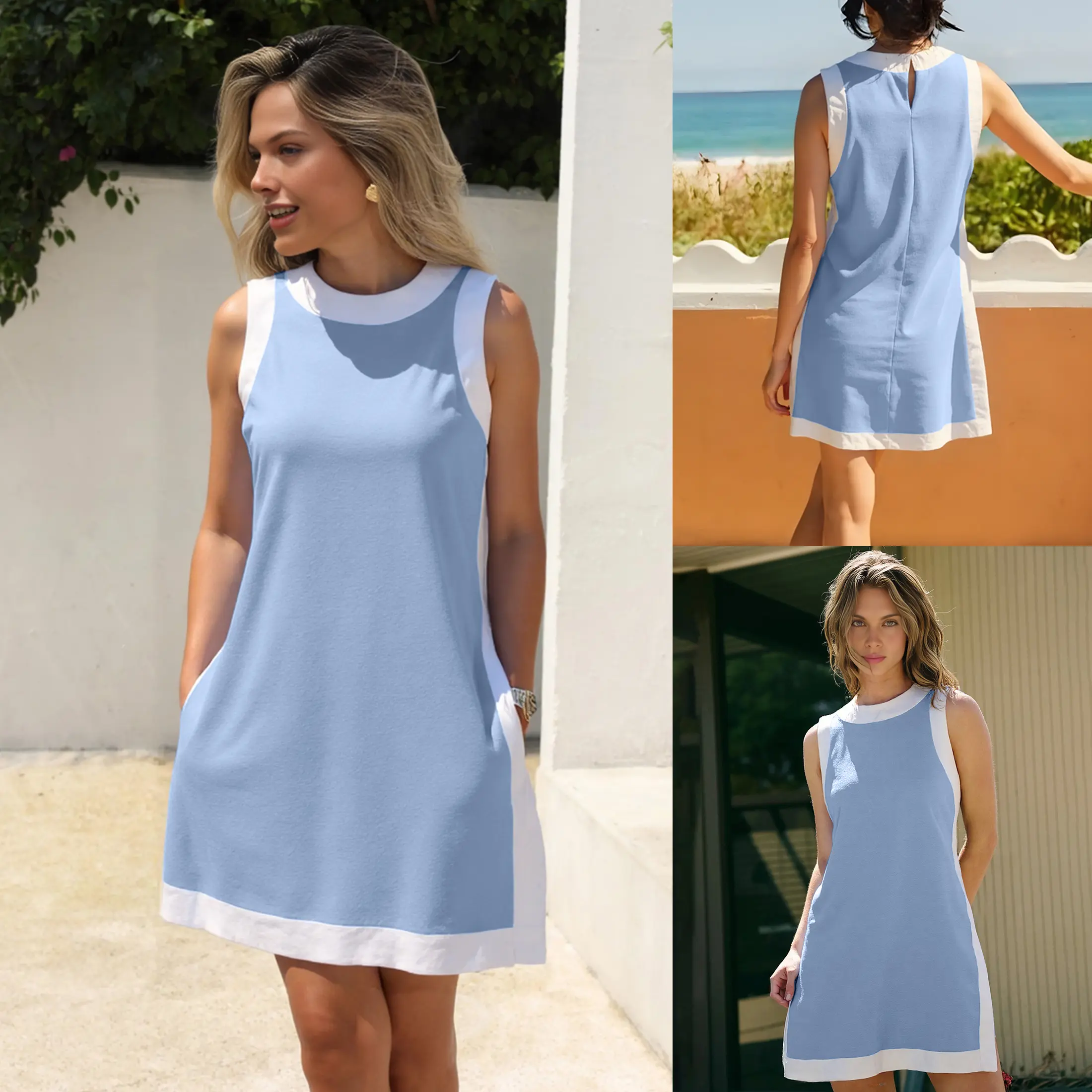 Women's Casual Two Piece Sets Color Block Crewneck Sleeveless Pullover Tops Matching Shorts With Pockets