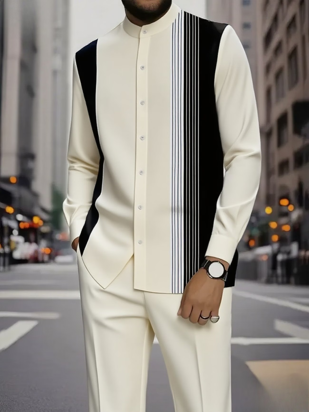 Men’s Black & White Stripe Button-Up Shirt and Drawstring Pants 2-Piece Set