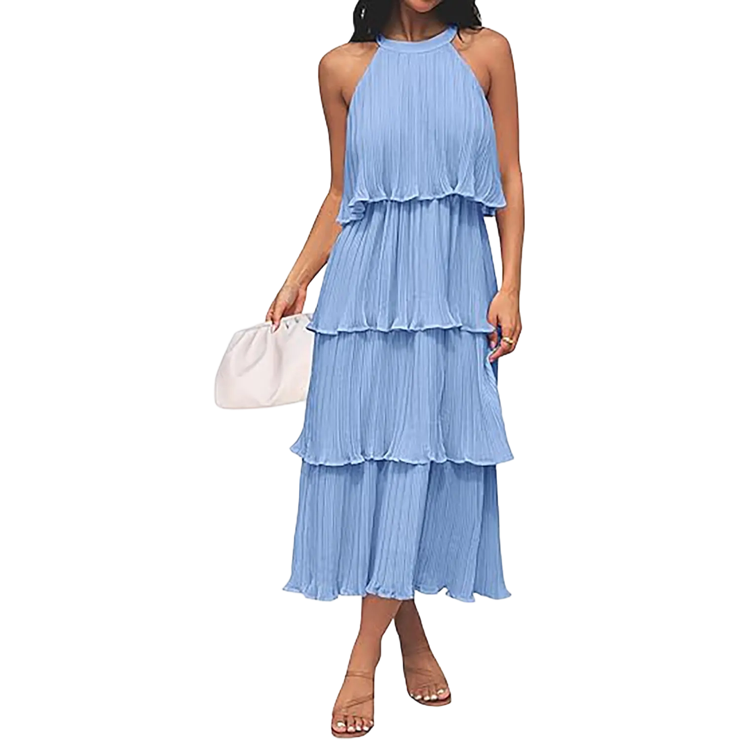 ✨Women's 2026 Summer Sleeveless Halter Neck Ruffle Tiered Layed Chiffon Flowy Swing Long Midi Dress