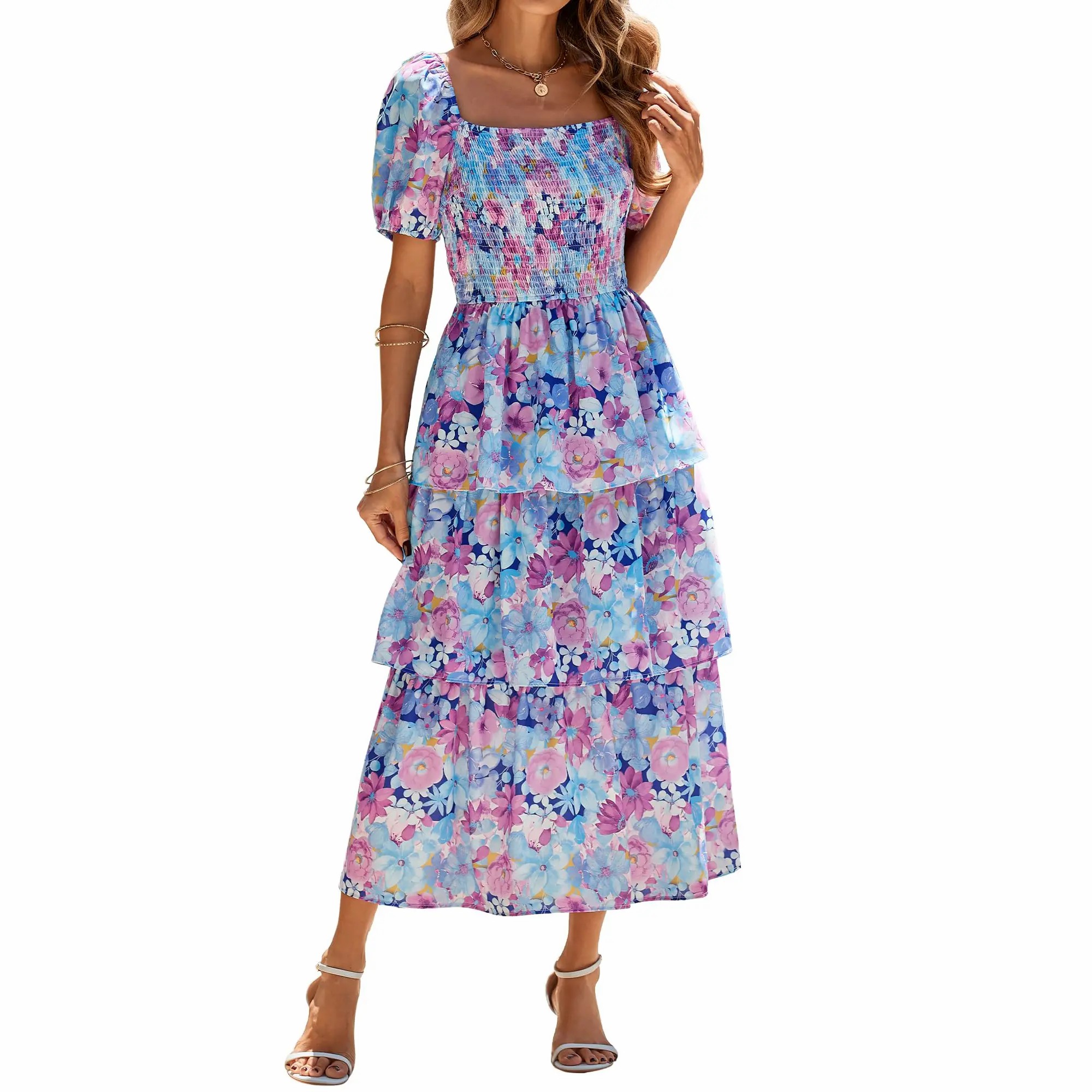 Women's Square Neck Smocked Dress with Puff Short Sleeve Floral Casual Ruffle Tiered Wedding Guest Dress