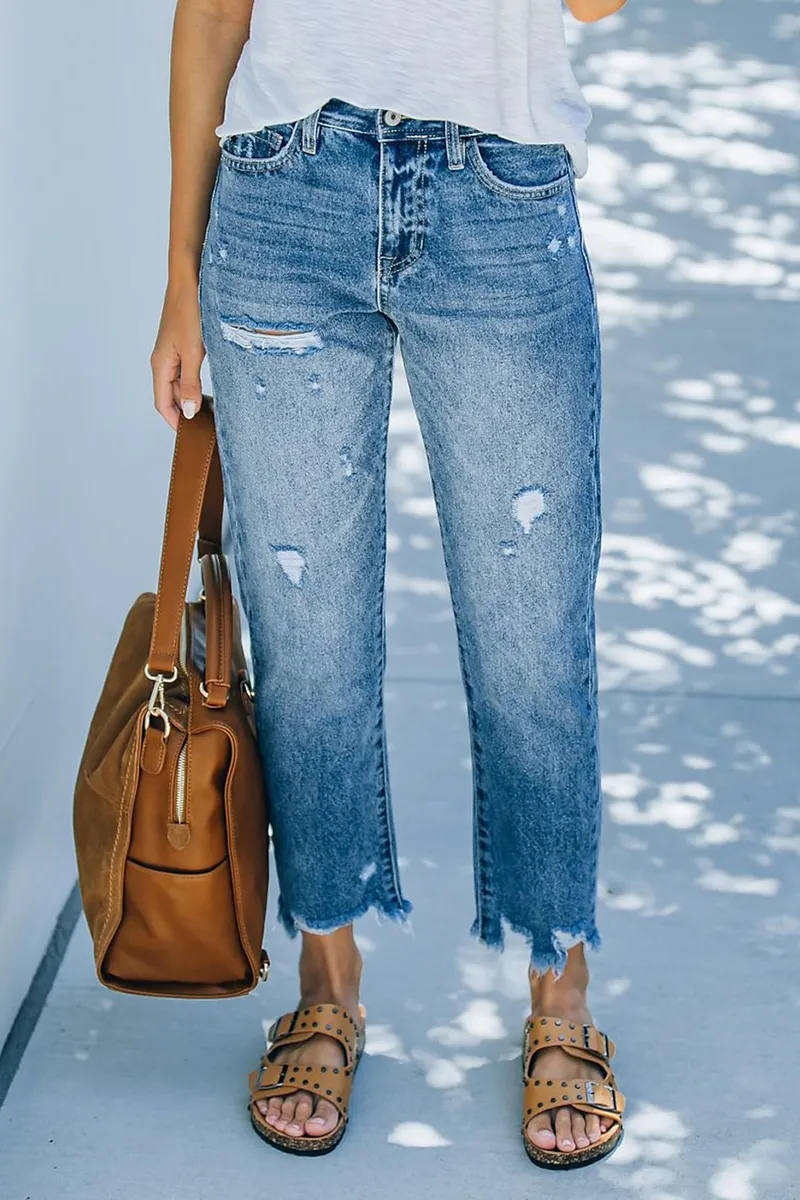 Ripped Raw Hem Zip Fly Jeans