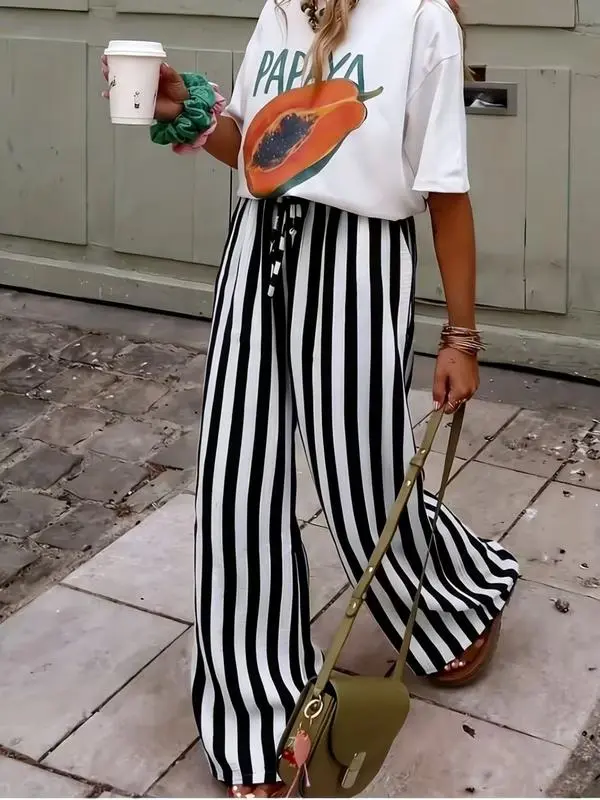 Women's Drawstring Wide-Leg Pants – Loose Fit Striped Casual Trousers