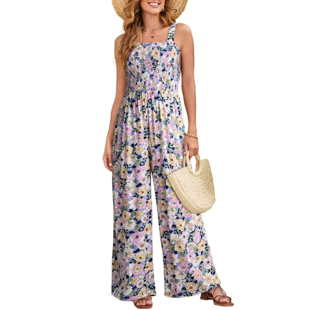 Women's Casual Loose Overalls Jumpsuits One Piece Sleeveless Printed Wide Leg Long Pant Rompers