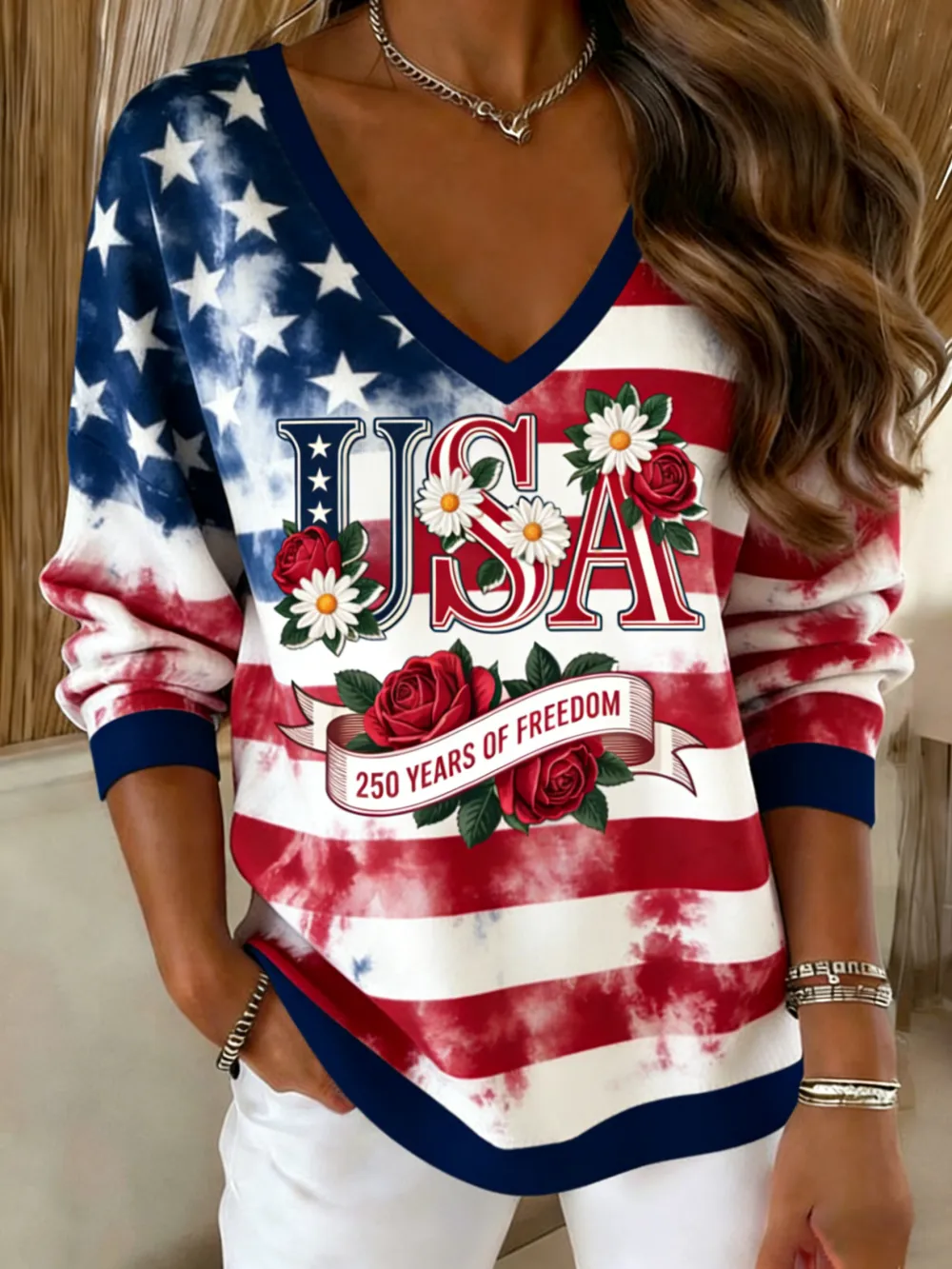 USA 250 Years of Freedom Tie Dye V-Neck Sweatshirt