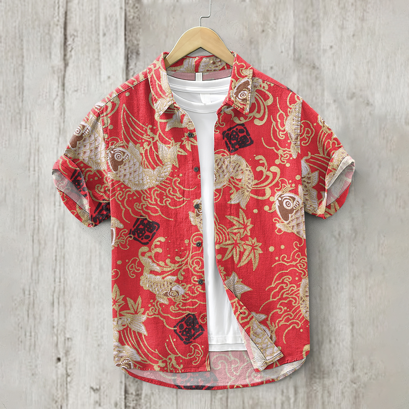 Vintage Japanese Art Koi Pattern Linen Blend Cozy Shirt