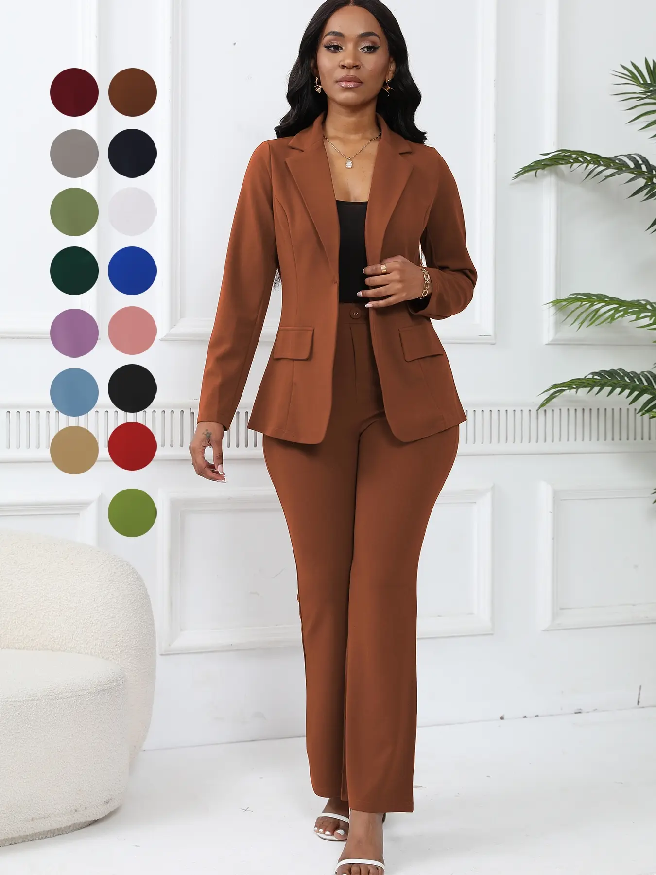 Women's Two-Piece Set Plain Button Lapel Blazer & Suit Pants