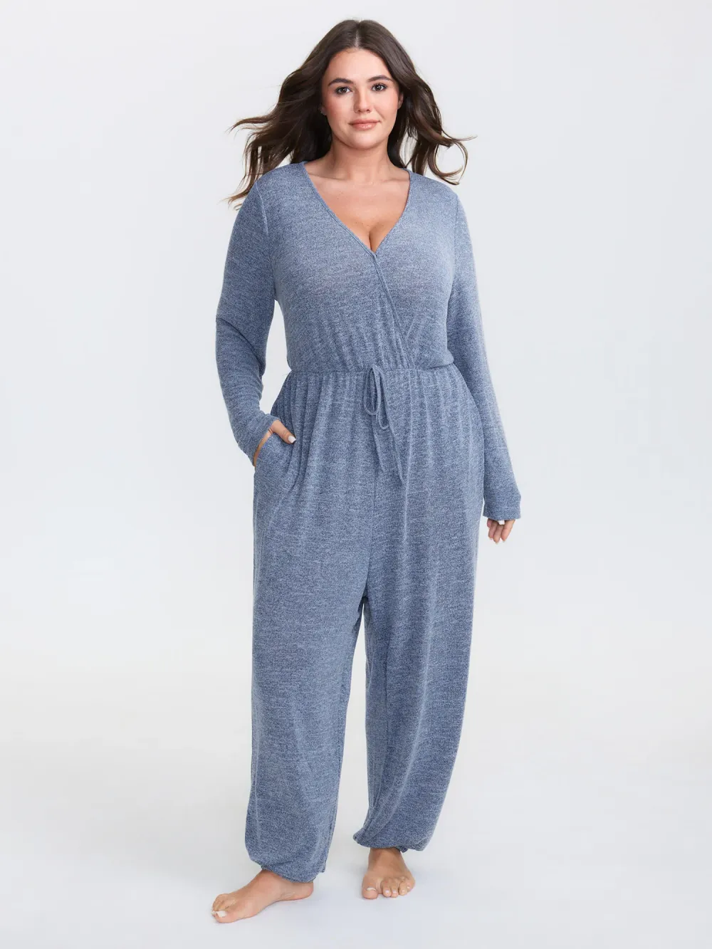 Soft Fitted Lounge Jumpsuit with Tie Neck & Side Pockets