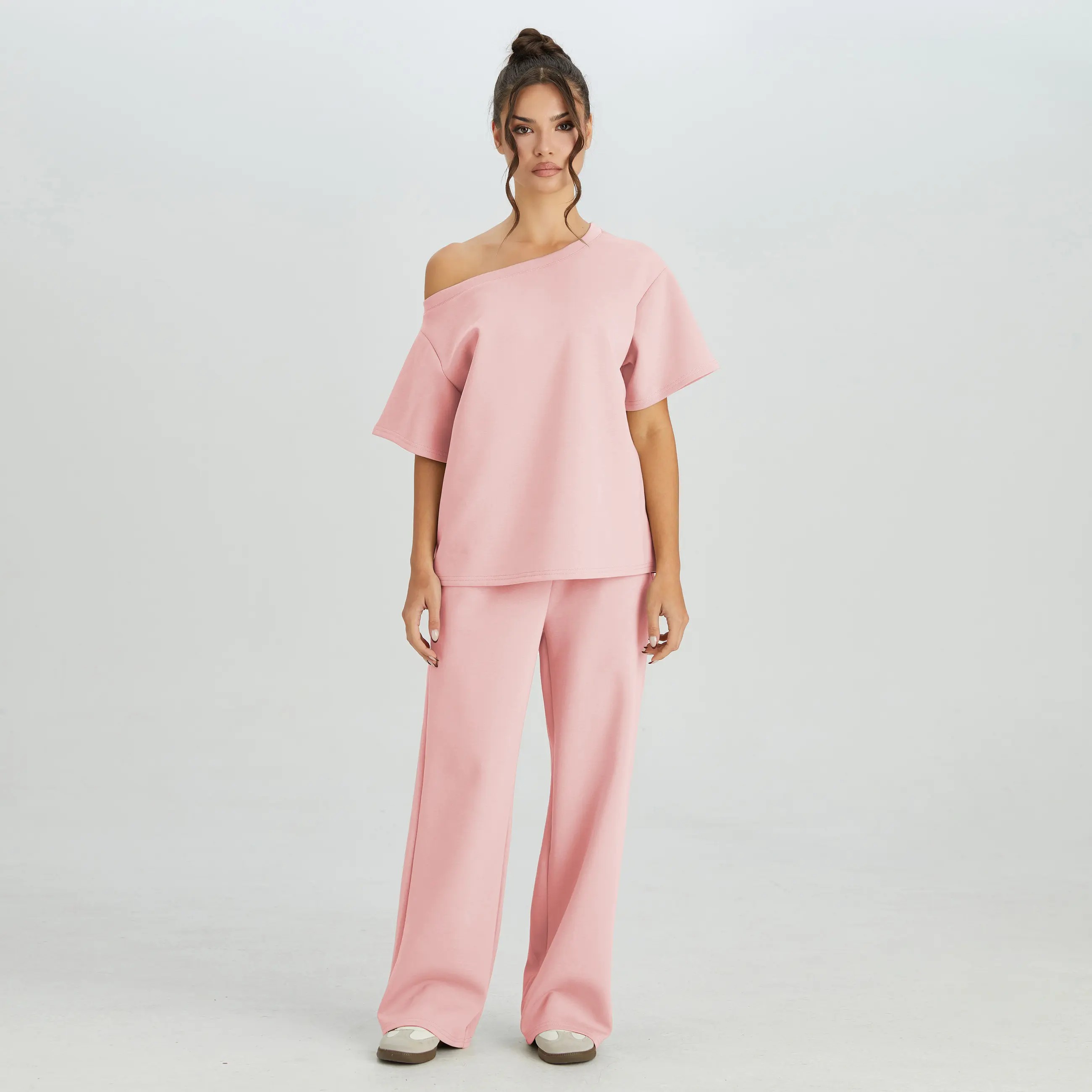 Women's Leisure Solid Color Sloping Shoulder Short Sleeve Top & Drawstring Waist Wide Leg Trousers Co-ord