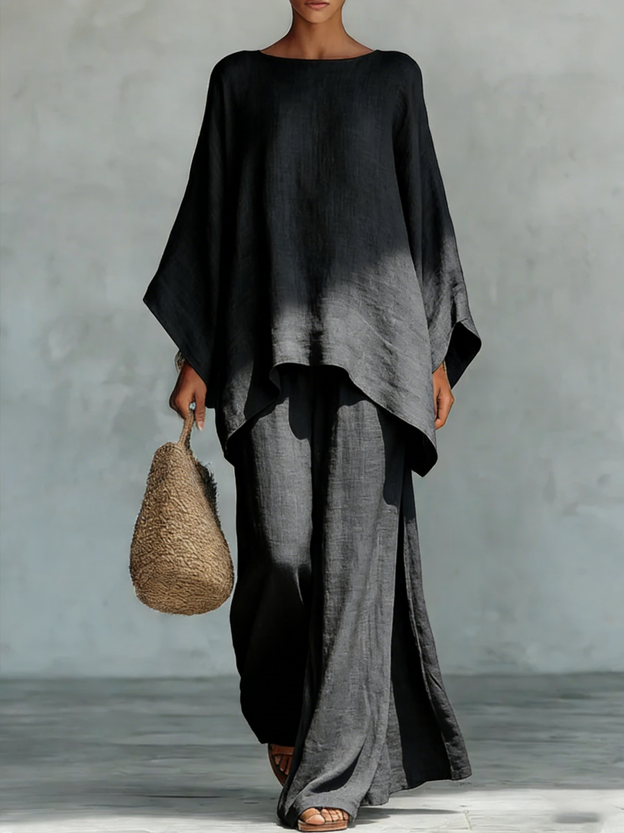 Women's Round Neck Long Sleeve Wide-leg Casual Irregular Hem Two-piece Pants Set