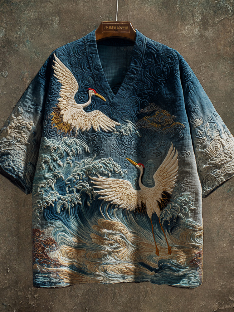 Vintage Japanese Crane Art Men's Linen V-neck Shirt