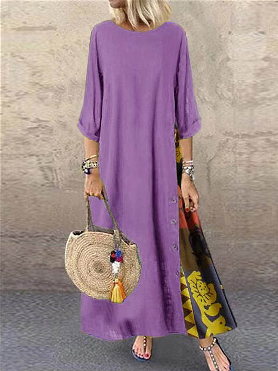 Women's Retro Floral Contrast Button Patchwork Cotton And Linen Casual Dress