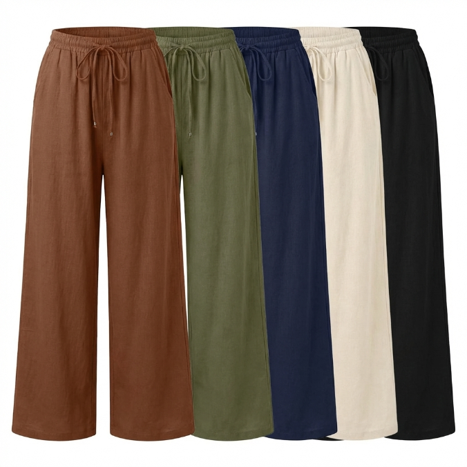 Breezy Linen Wide-Leg Pants – Flowy High-Waist Summer Beach Trousers with Pockets