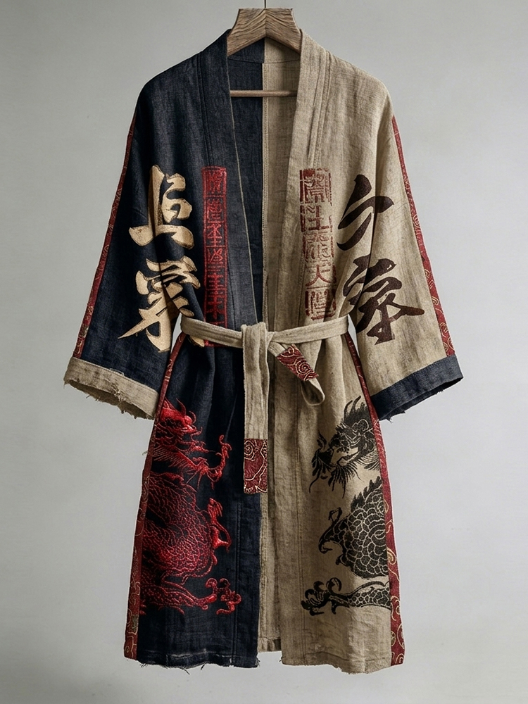 Japanese Calligraphy And Dragon Art Combined In A Linen Blend Kimono