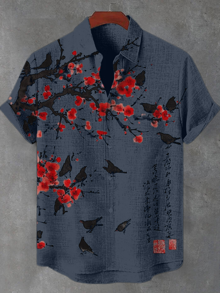 Men's Floral Bird Butterfly Art Print Short Sleeve Shirt