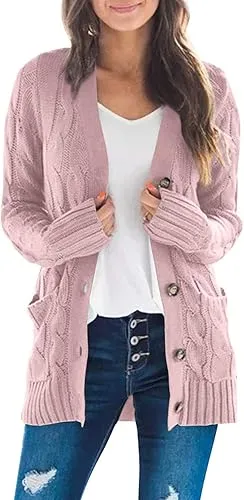 Women's Fall Casual Long Sleeve Button Down Open Front Cable Knit Cardigan