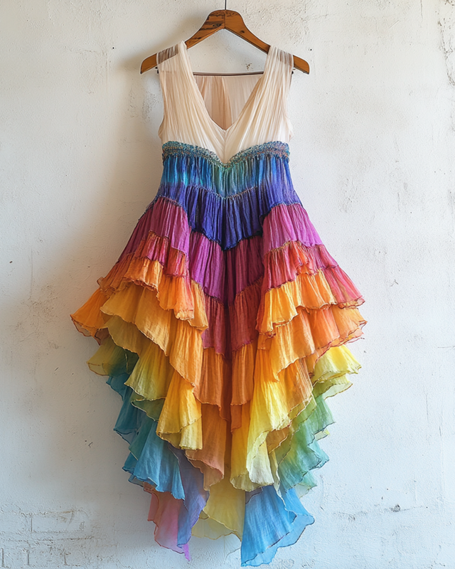 Rainbow Splicing Ruffle Sleeveless Irregular Dress  270a