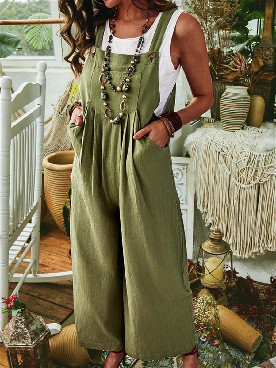 Women's Solid Color Sleeveless Pocket Casual Linen Cotton Bib Wide Leg Jumpsuit