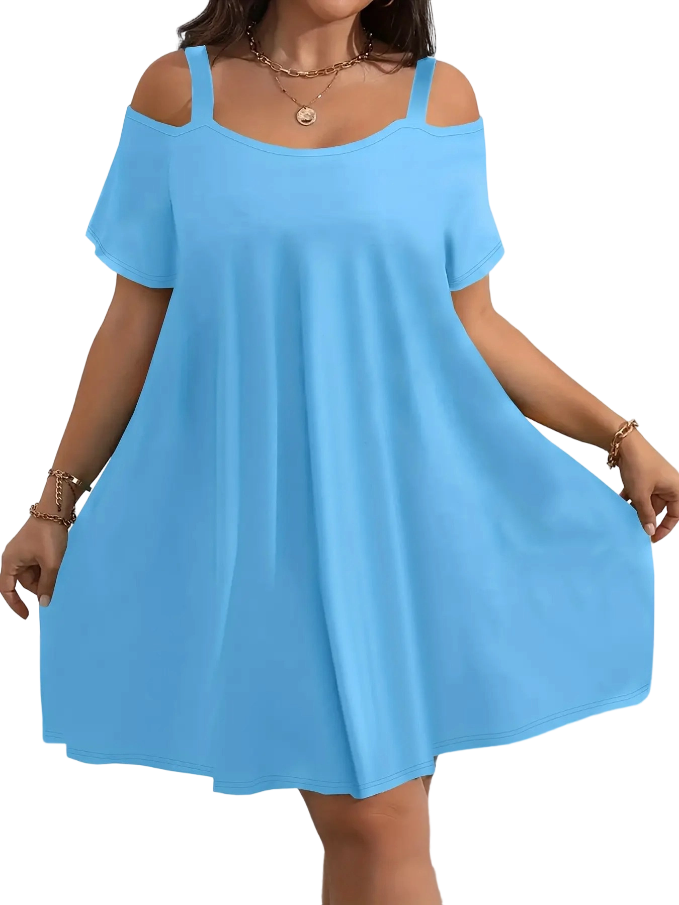 Plus Size Women's Round Neck Short Sleeve Shoulder Cut Out Fitted Casual Midi Dress