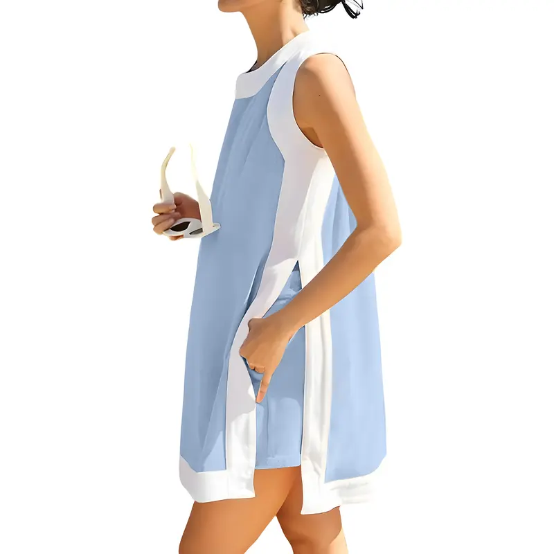 Women's Casual Two Piece Sets Color Block Crewneck Sleeveless Pullover Tops Matching Shorts With Pockets