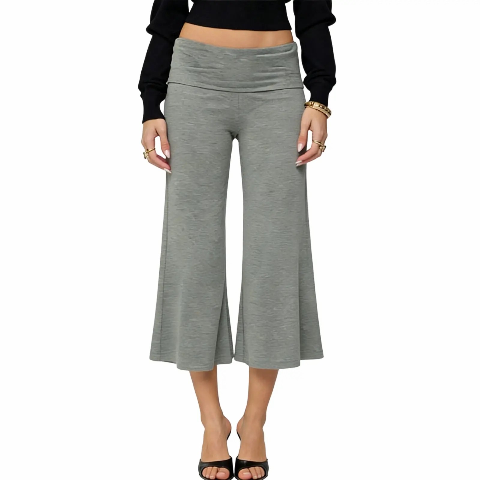 Casual Wide-Leg Culottes for Women - Fold-Over Waist Cropped Pants