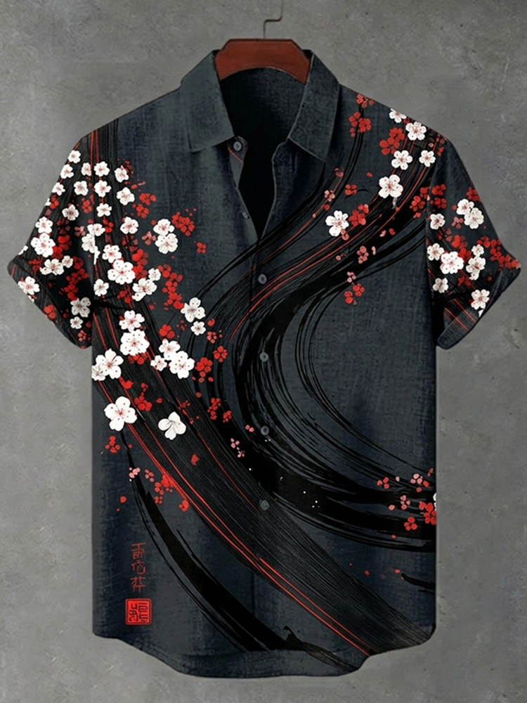 Men's Japanese-style Floral Print Linen Short-sleeved Shirt