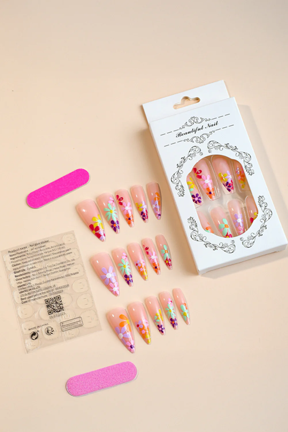 Bonbon Flower Print Almond Long Fake Nail
