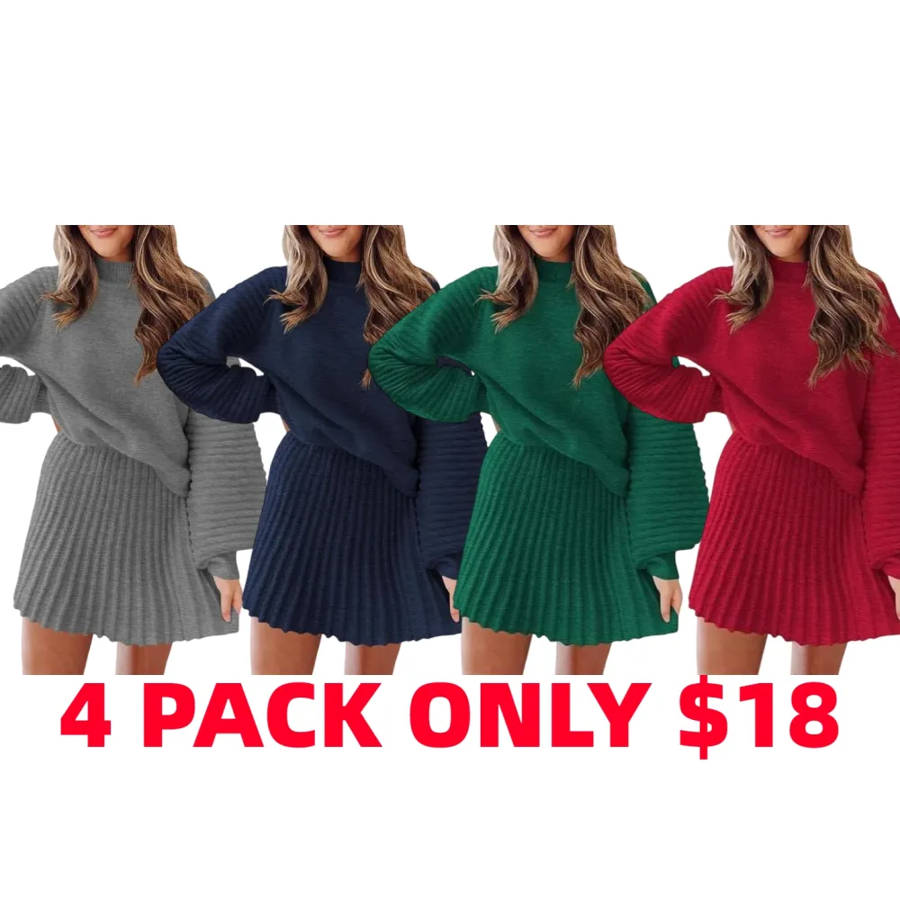 Women's 2 Piece Outfits 2025 Long Sleeve Mock Neck Ribbed Sweaters And Mini Skirt Two Piece Sets