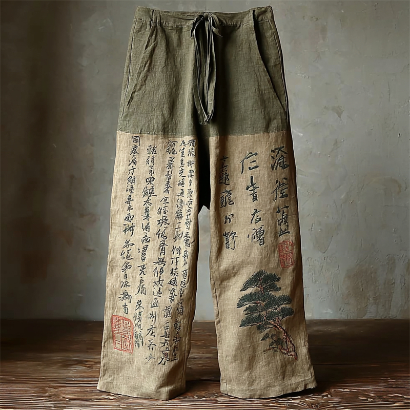 Men's Japanese Pine Tree Calligraphy Contrast Linen Pants