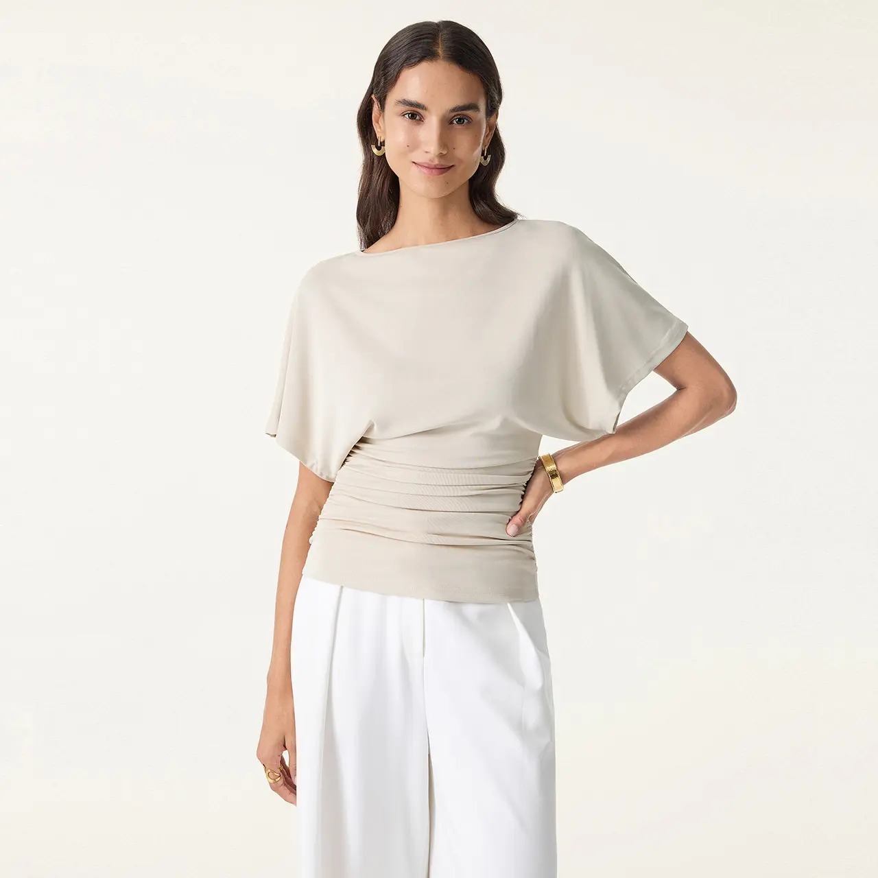 Women's Boatneck Batwing Sleeve Top with Side Ruching