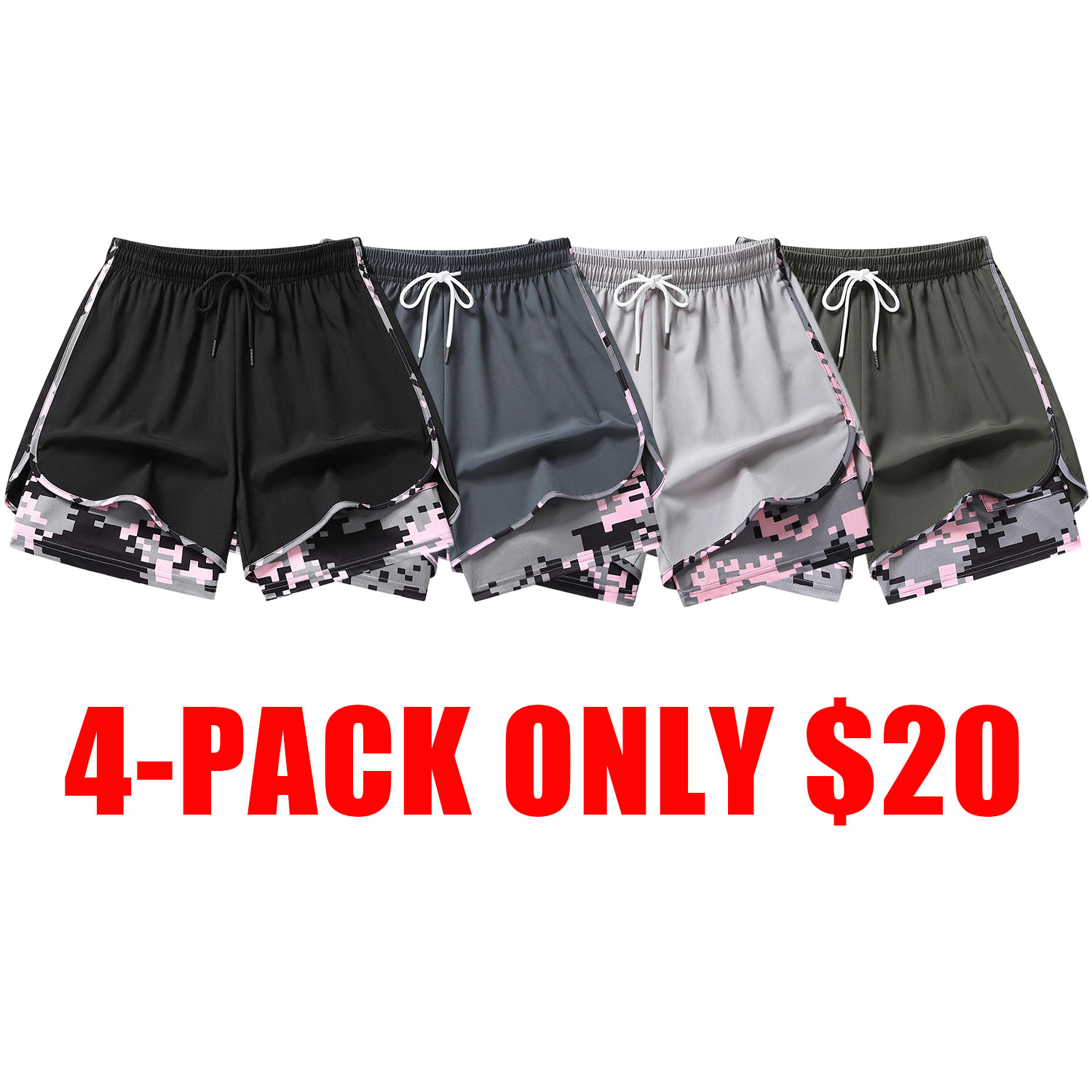 women’s casual athletic shorts with built-in liner, drawstring, elastic waistband—suitable for outdoor sports, fitness, running, and casual wear