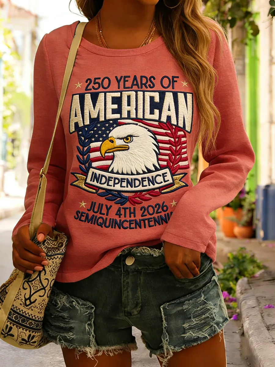 250 Years Of American Independence Eagle Embroidered Long Sleeve T-Shirt