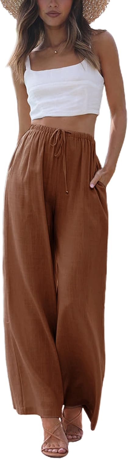Faleave Women's Cotton Linen Summer Palazzo Pants Flowy Wide Leg Beach Trousers with Pockets