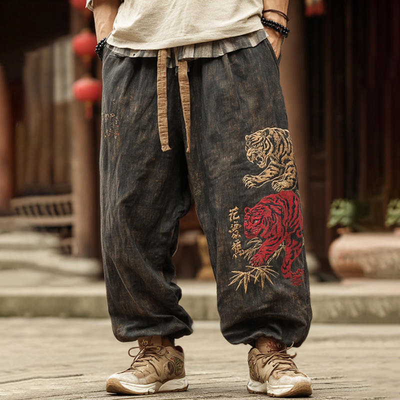Men's Vintage Japanese Tiger Art Contrast Color Linen Pants