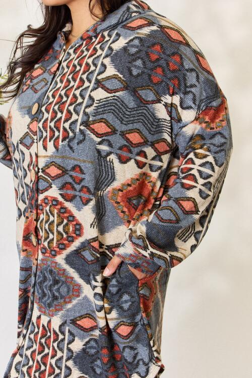 Full Size Printed Button Up Hooded Jacket