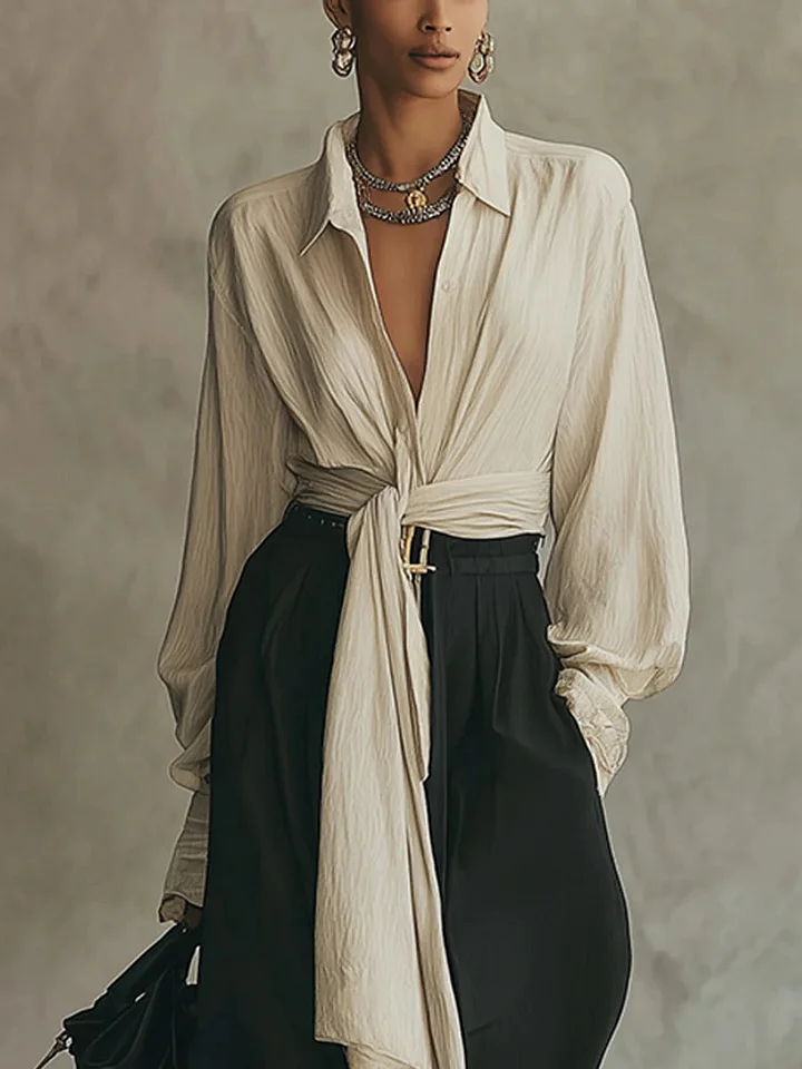 Elegant Minimalist Tie Shirt And Wide-leg Pants Two-piece Set