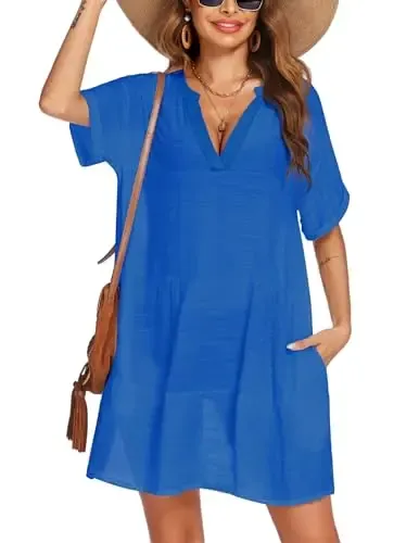 Women’s Tassel Swimsuit Cover Up Dress – V-Neck Short Sleeve Beach Cover Up Shirt