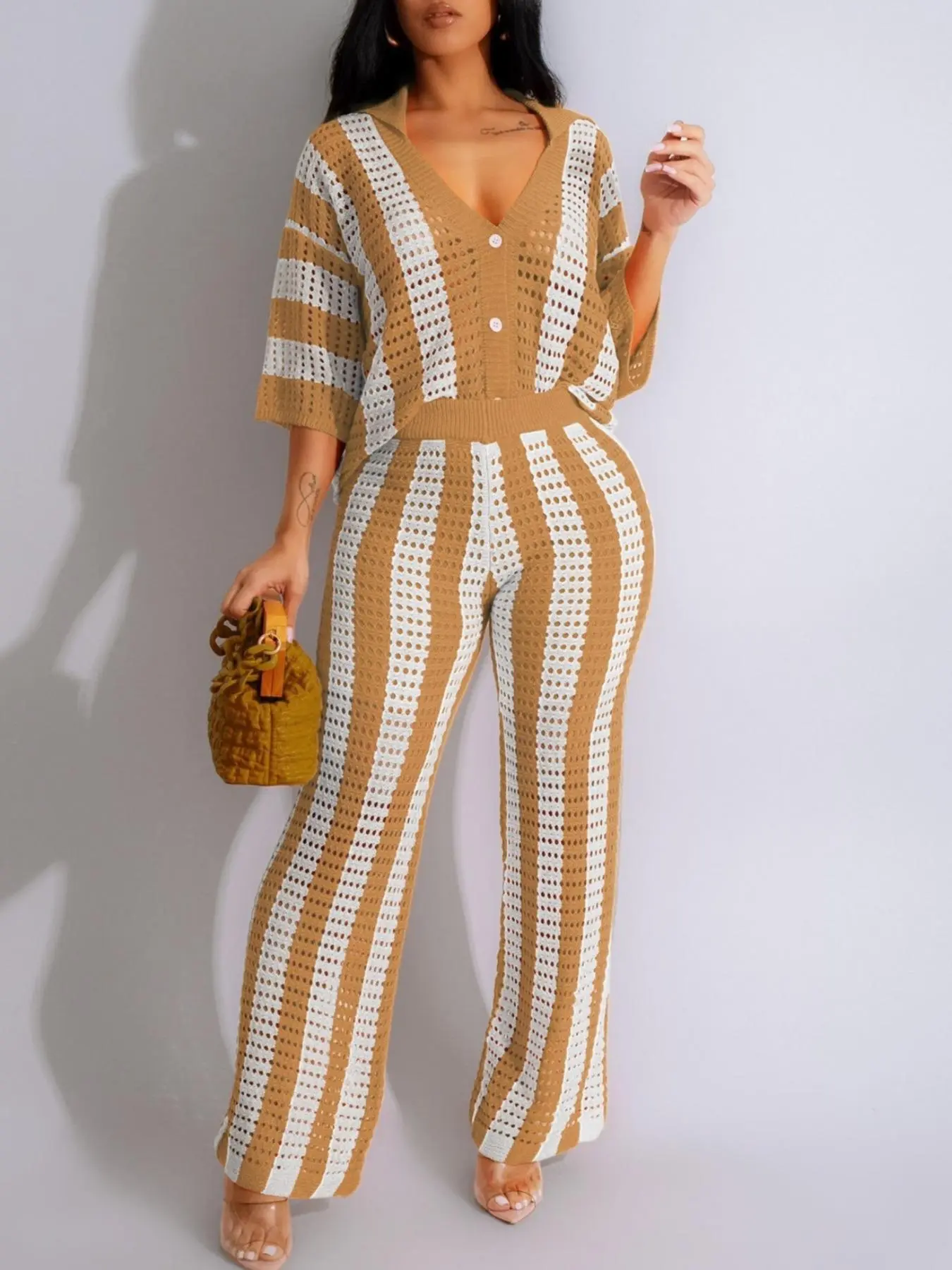 Two-Piece Set Women's Colorblock Striped Print Hollow Out Button Front Top & Wide Leg Pants