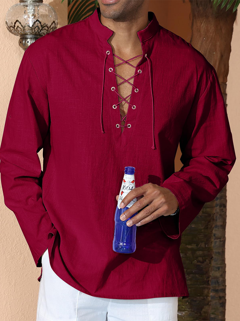 Men's cotton and linen shirt with drawstring sleeves