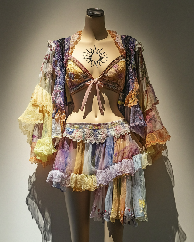 Sexy and elegant ruffled top + skirt + kimono three-piece swimsuit 7408