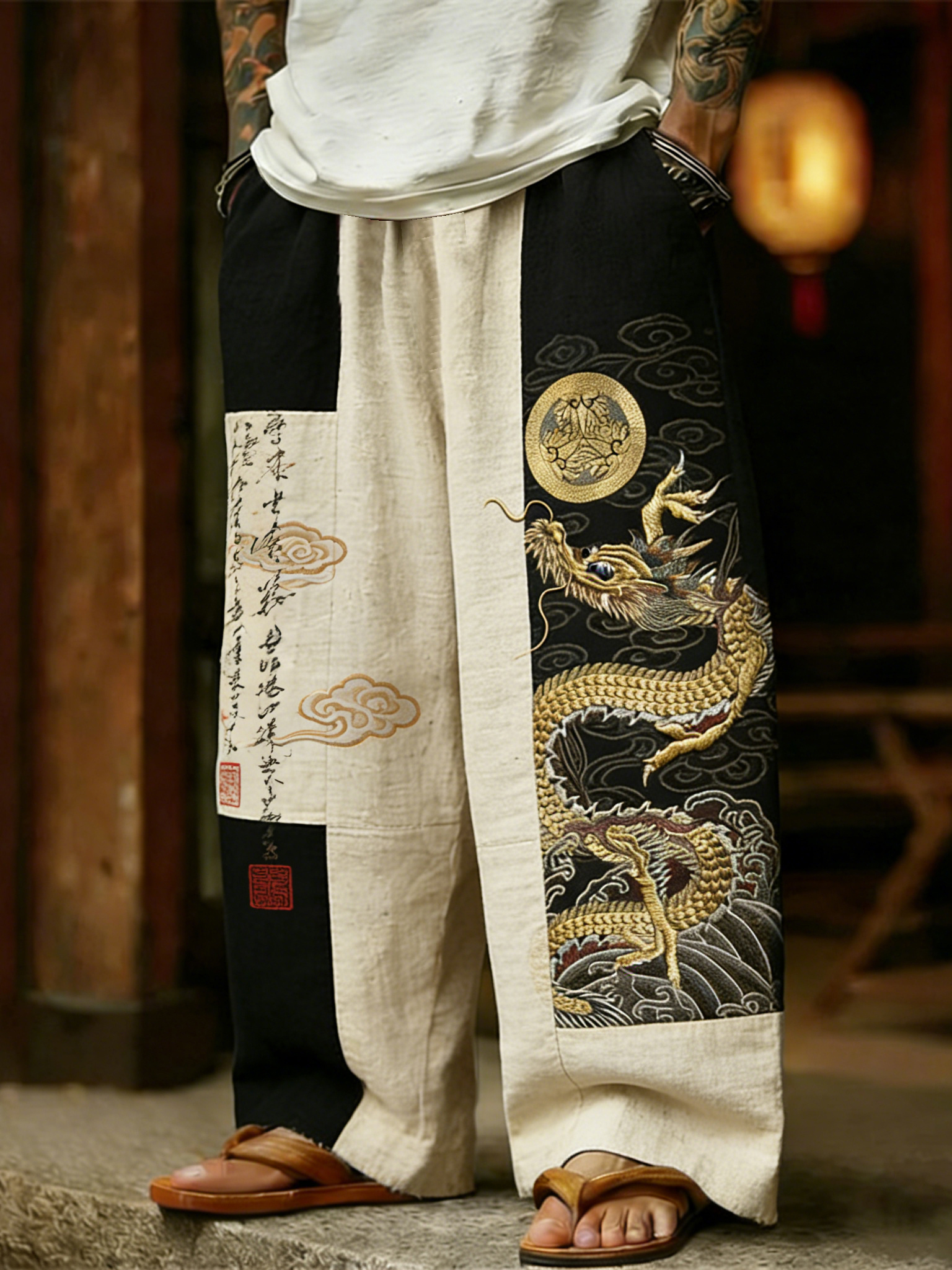 Men's Retro Dragon And Calligraphy Art Wide Leg Linen Pants