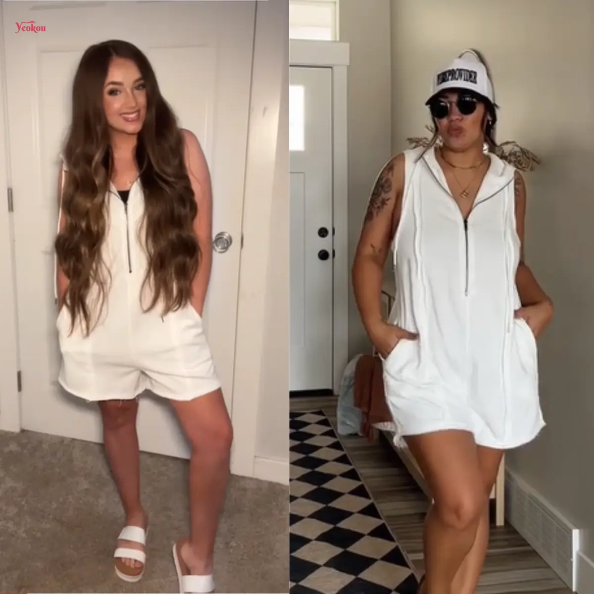 Womens Hooded Romper Sleeveless Athletic Workout Summer Casual Half Zip V Neck Overall Jumpsuits with Pockets