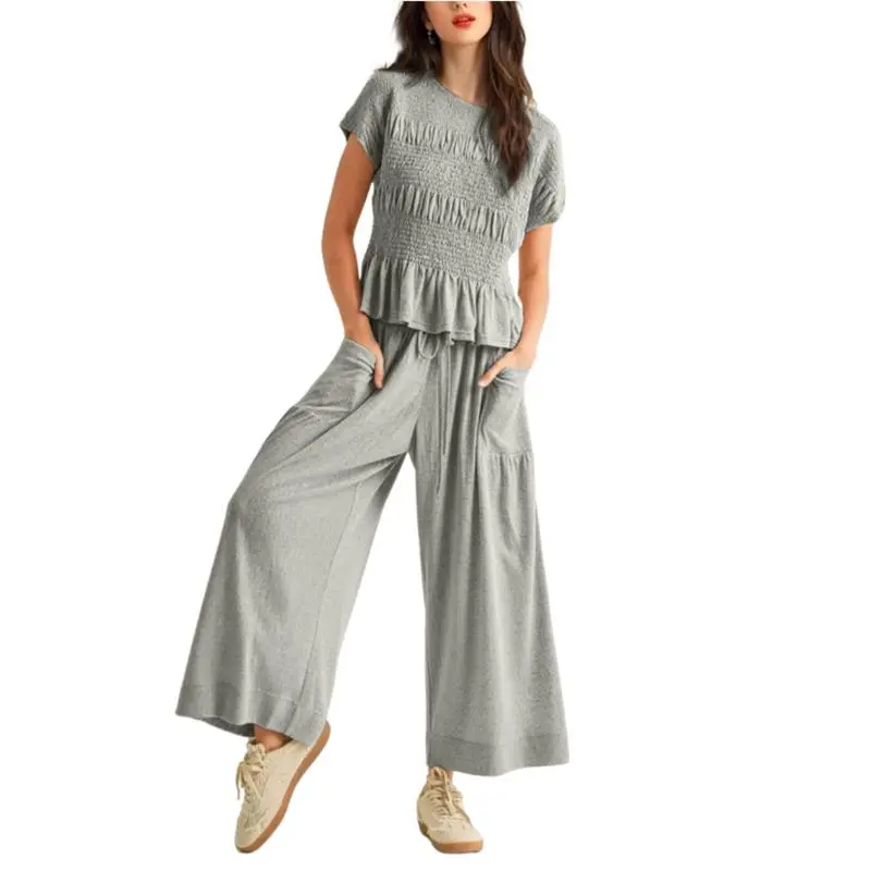✨Women’s 2-Piece Smocked Top & Wide-Leg Pants Casual Boho Matching Set🔥