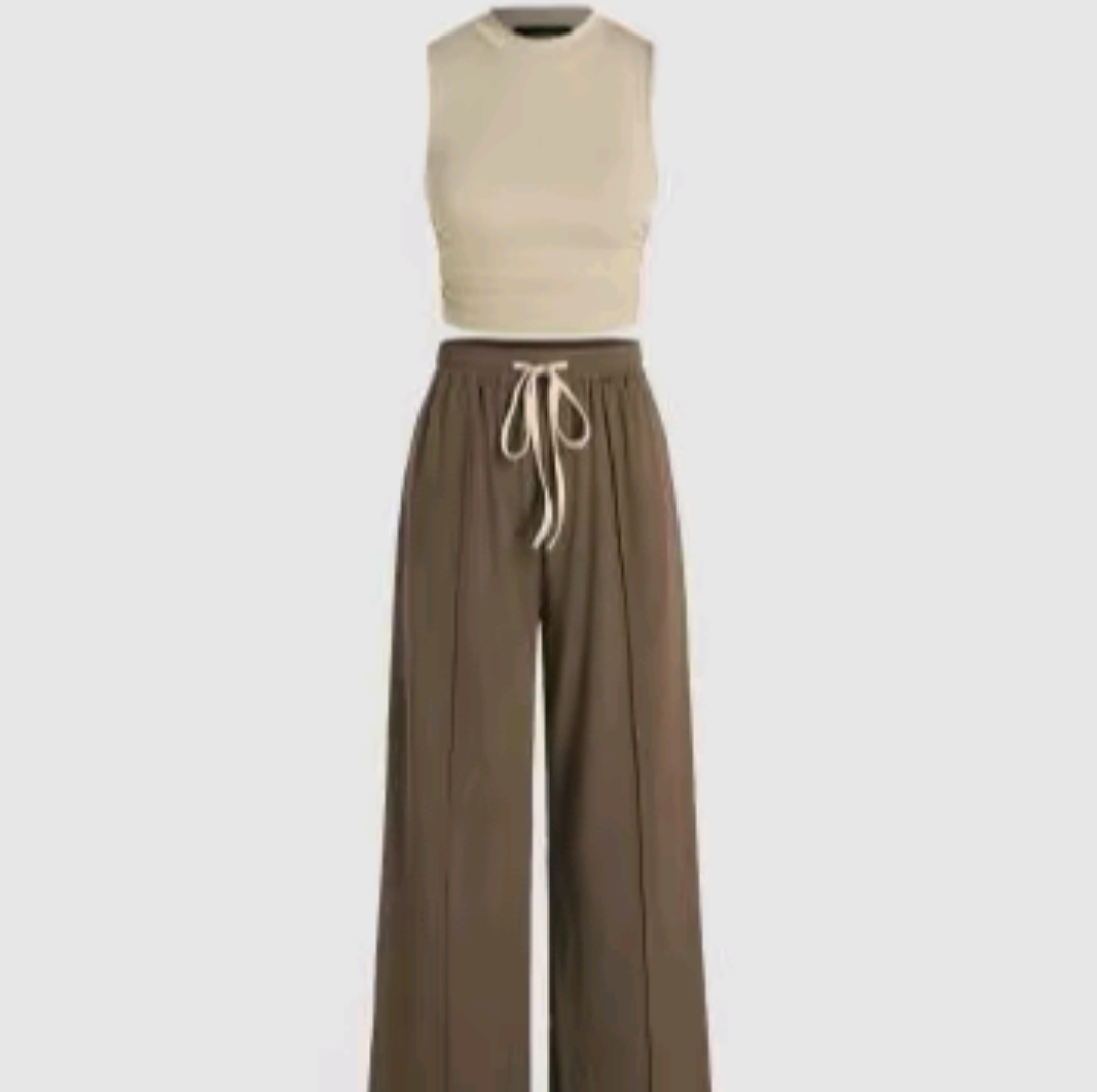 kendall same style Women's 2-Piece Ruched Tank Top and Elastic Waist Tie Trousers Set – Casual Lounge Outfit, 6 Colors